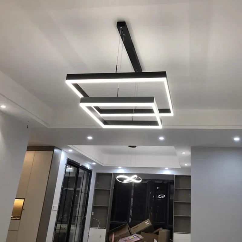모던 LED 스퀘어 펜던트 조명, 조도 조절, 블랙, 침실 테이블, 다이닝 룸, 주방, 아일랜드, 홈 데코, 광택 고정장치