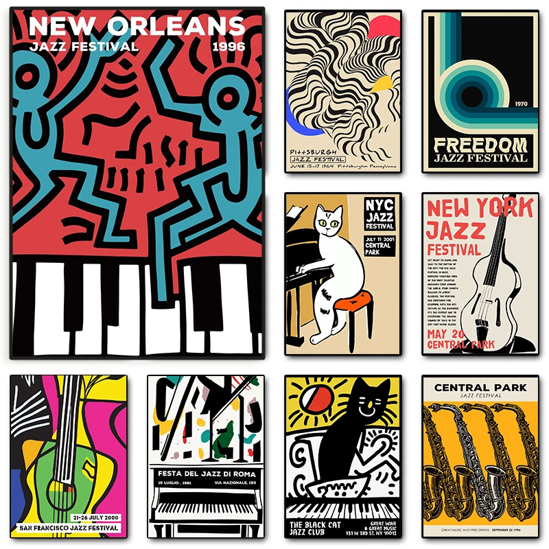 p-steres-abstratos-do-jazz-do-vintage-pinturas-da-lona-instrumentos