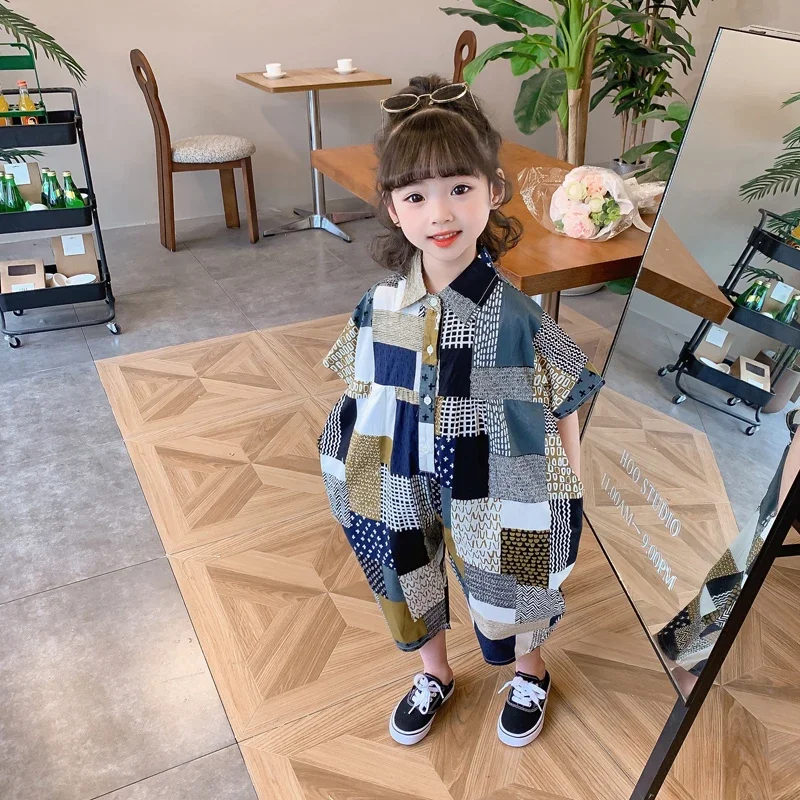 

Children Clothes Plaid Pattern Girl's Jumpsuit 2023 Summer New Fashion Print Korean Girl's One Piece Clothes Strap Overall