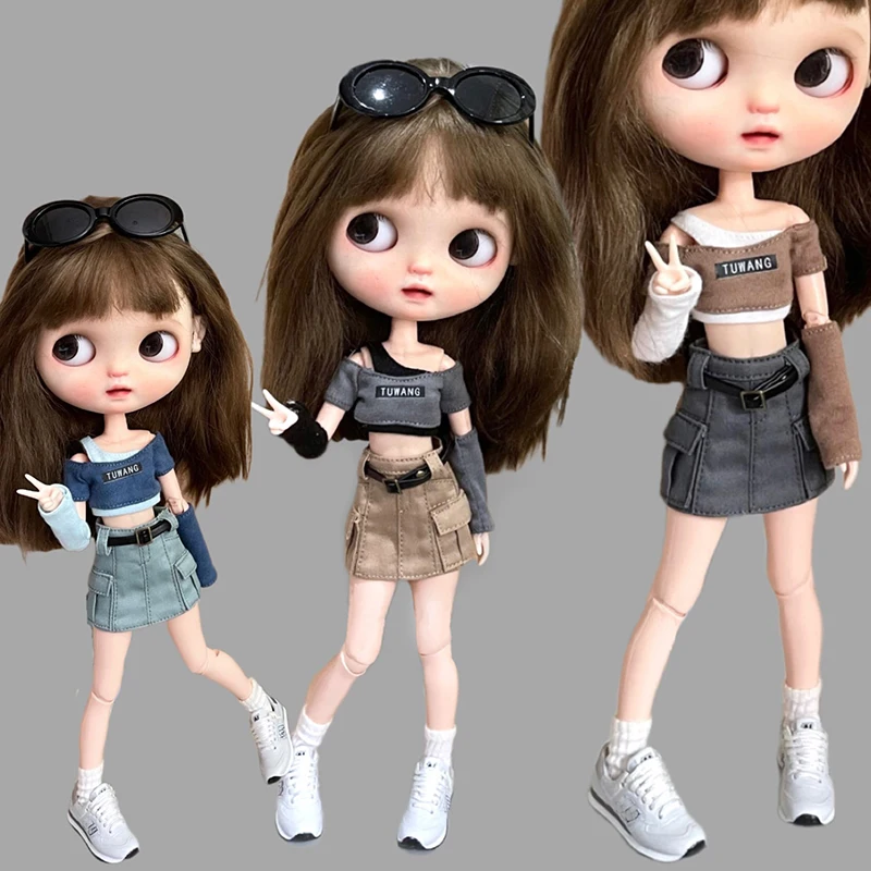 브라이스 리카 OB24 인형 의류, 프린트 오프숄더 상의, 티셔츠와 데님 스커트, 벨트 포함, 신상 