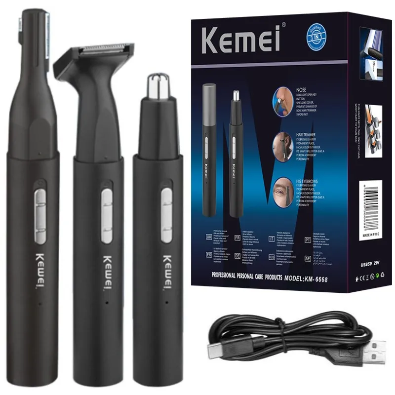 

Kemei Portable Nose Ear Hair Trimmer Micro USB Charging 3-in-1 Eyebrow Beard Trimmer for Men and Women Pain-Free KM-6668
