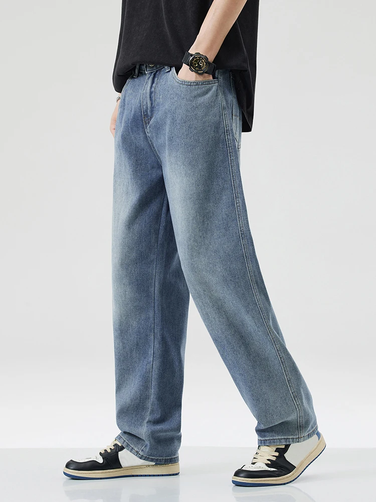 New Men's Cotton Fashion Wide Legs Jeans Y2K Spring Autumn High Street Trendy Casual Baggy Straight Fit Denim Trousers Blue 4