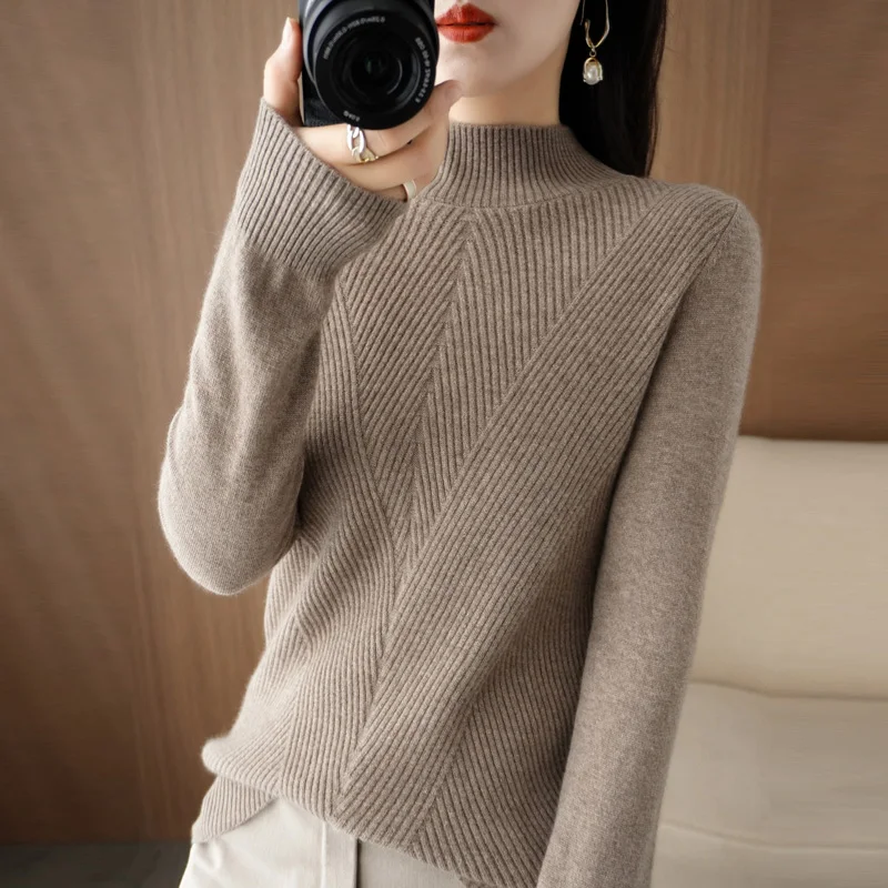 

2022 Autumn Winter New Woolen Sweater Women's Half High Neck Long Sleeve Pullover Solid Color Fashion Versatile Knit Foundation