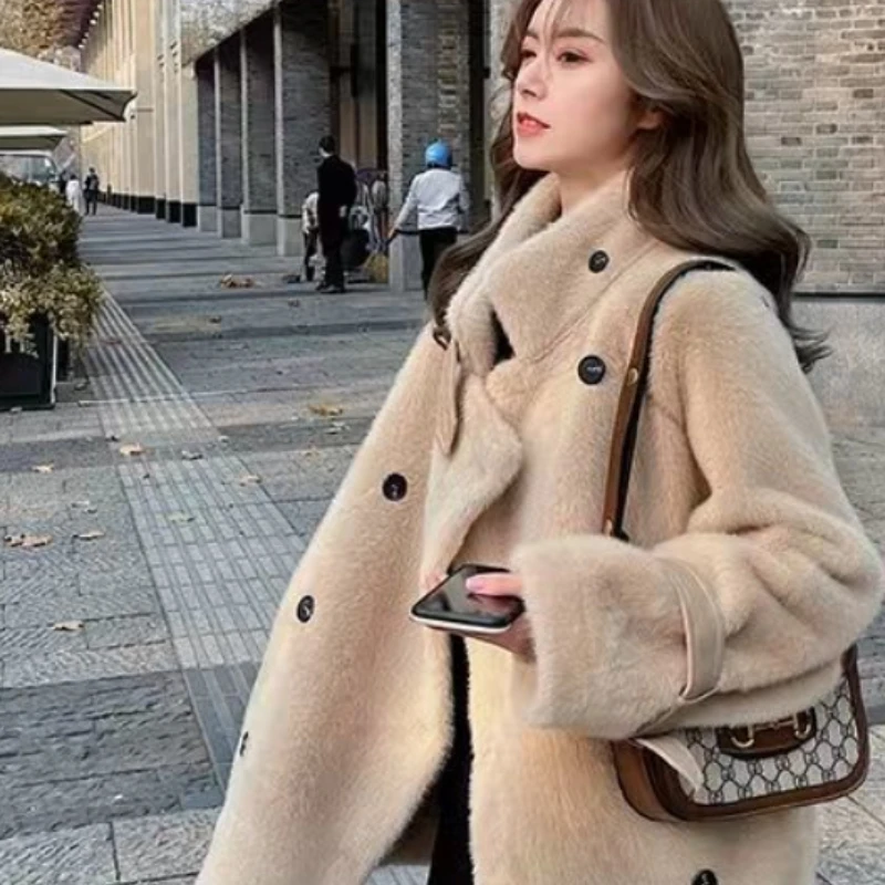 2023 New Women Winter Faux Mink Cashmere Fur Coat Mid-length Loose Overcoat Thicken Warm Jacket Commuting simple Outwear