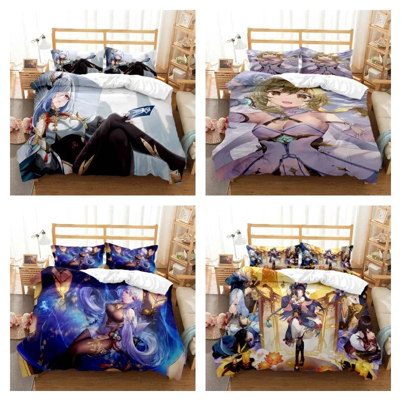

Комплект постельного белья Genshin из полиэстера с цифровым принтом для мальчиков и девочек, комплект из трех предметов, удобный мягкий комплект постельного белья в подарок для пары