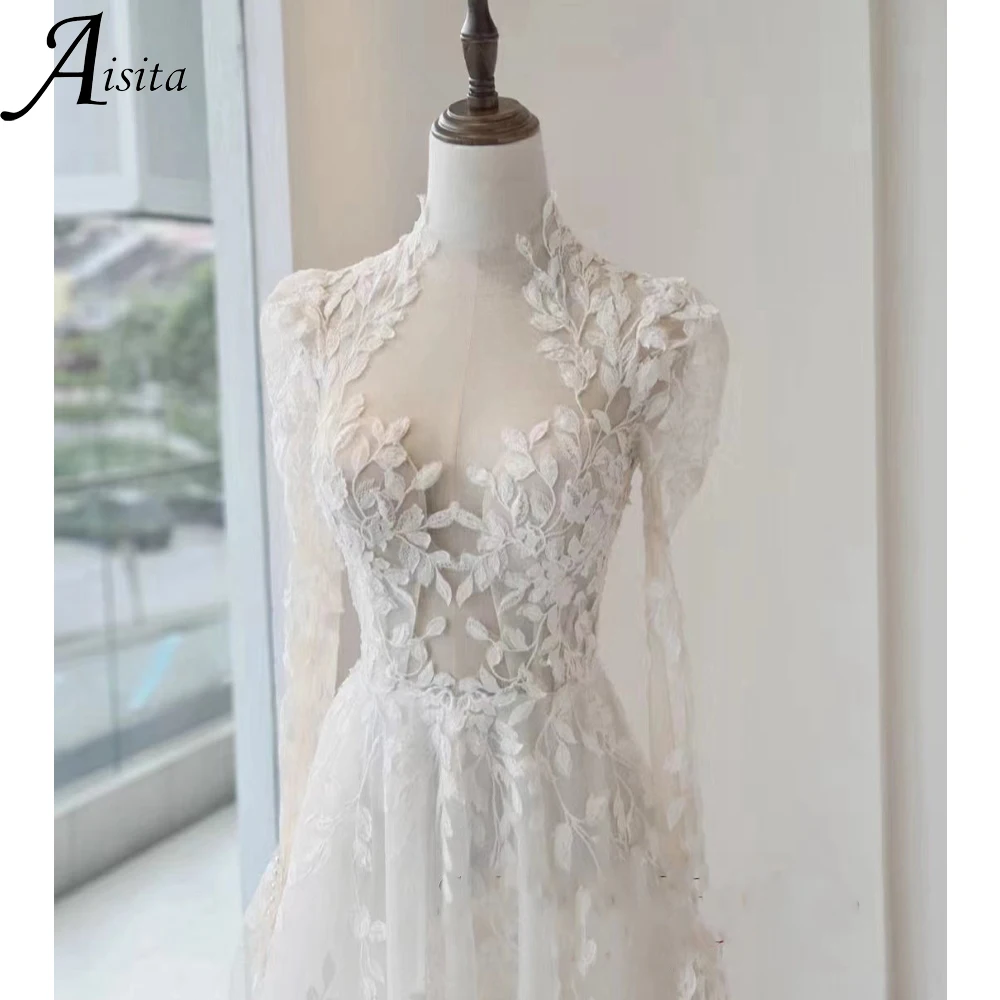 Romantic A Line Bride Dresses customized Lace Appliques Wedding Dress Wedding Long Sleeves Dresses for Woman Vestidos De Novia