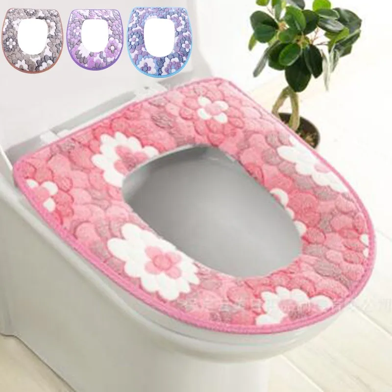 Coral Fleece Toilet Seat Cover Comfortable Soft Toilet Seat Pad Bathroom Accessories Thicken Warmer Zipper Cover Washable toilet seat cover