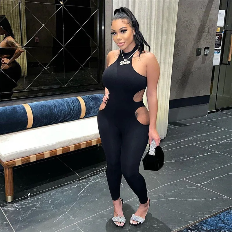 

Solid Cut Out Skinny Jumpsuits Women Summer Sexy Halter Backless Hipster Romper Casual Fitness Overalls Ladies Tracksuits