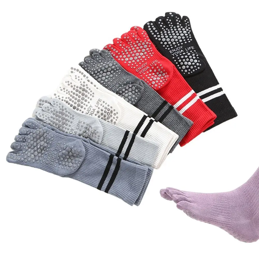 

Elastic Non-slip Cotton Stripes Sports Silicone Dot Running Female Hosiery Middle Tube Socks Five-Finger Socks Split Toe Socks