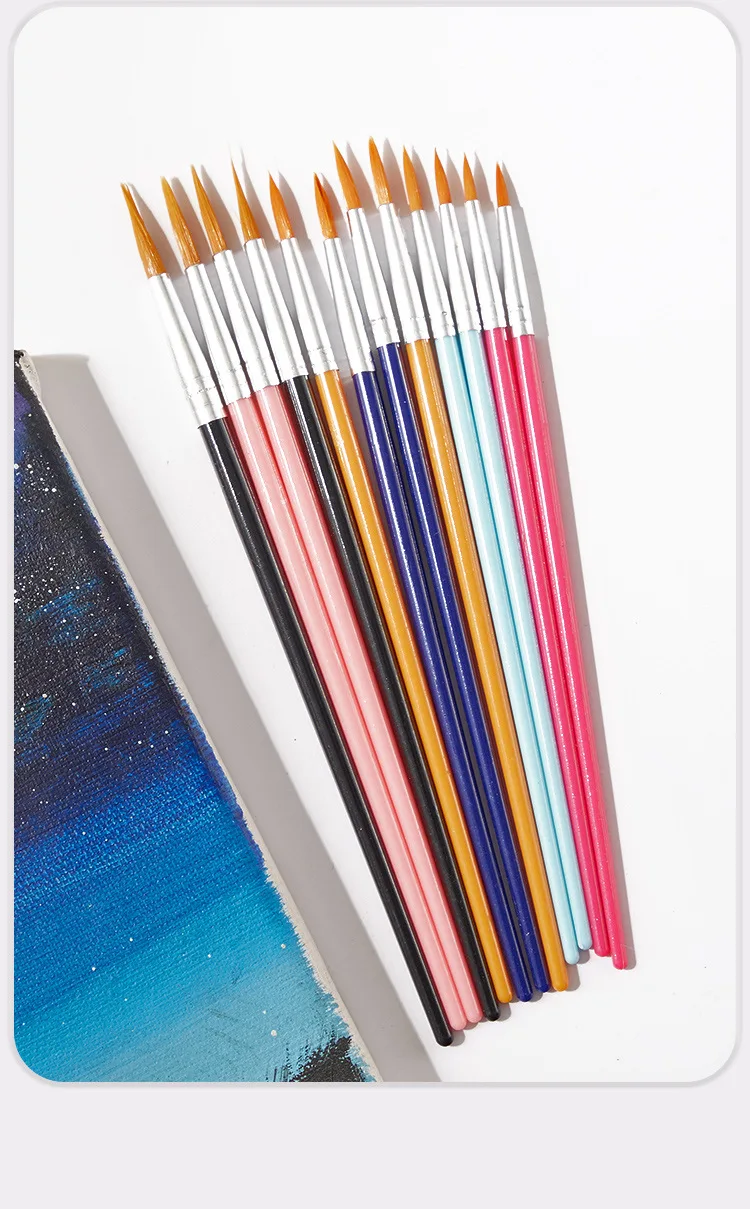 12-teiliges Set Runde/Flache Kunststoffstiel Acryl-Pinsel Gouache Aquarell Kinder-Malerei Graffiti-Nutzung Nylon-Haarpinsel-Set – Detail 24