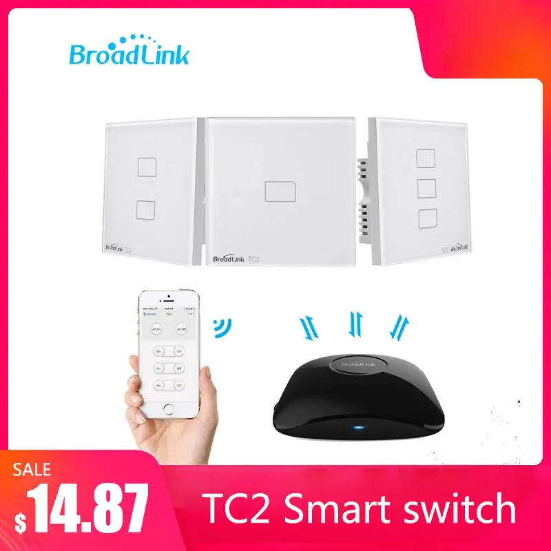 Broadlink Tc2 1/2/3 Gang Uk Standard Smart Home 433Mhz Wifi/4G Telecomando Tramite Rm Pro Wall Touch Light Switch 1 Way