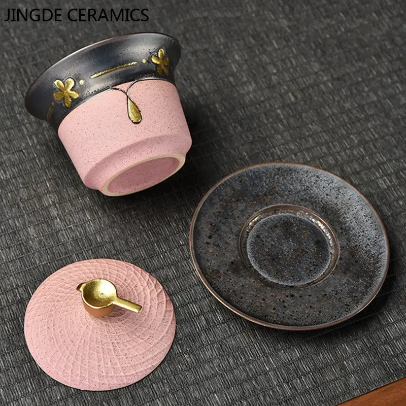Chinese Style Ceramic Gaiwan Lotus Flower Tracing Gold Teacup Tea Bowl Household Retro Tea Set Handmade Infuser