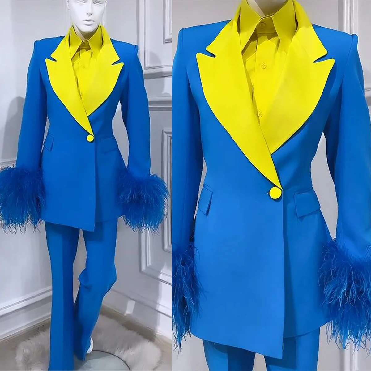 

Fashion Blue Feather Women Blazer Mother Of The Bride Pants Suits Custom Made Beading Tuxedos For Lady Party Prom Wear 2 Pieces