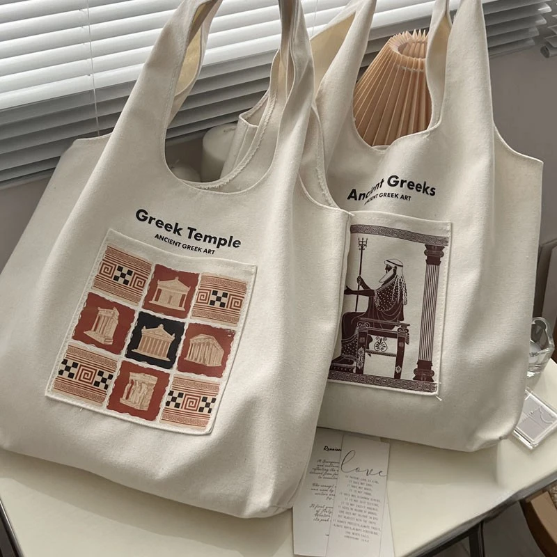 European Style Single Shoulder Bag School Bag Literary and Retro Shopping Commute Canvas Bag for Women White Protable Casual