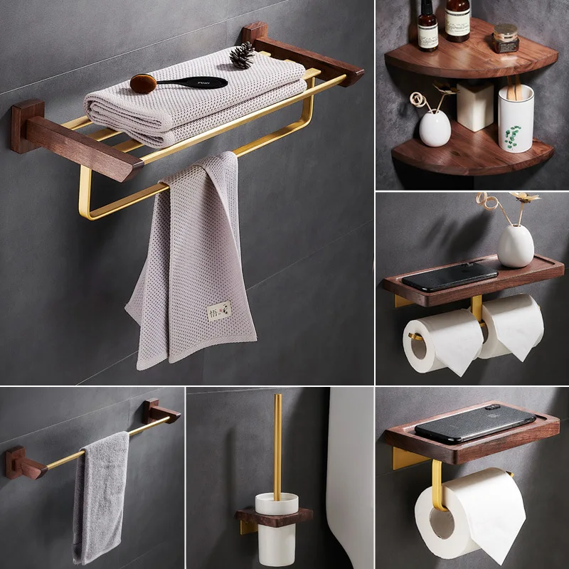 Wall Mounted Towel Rack North American Walnut Toilet Paper Holder Brushed Brass Storage Shelves Practical Versatile Shower Shelf