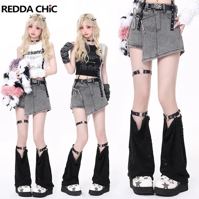 Reddacic-女性用ブラックレッグウォーマー、破壊ベルト、ダークパンク  