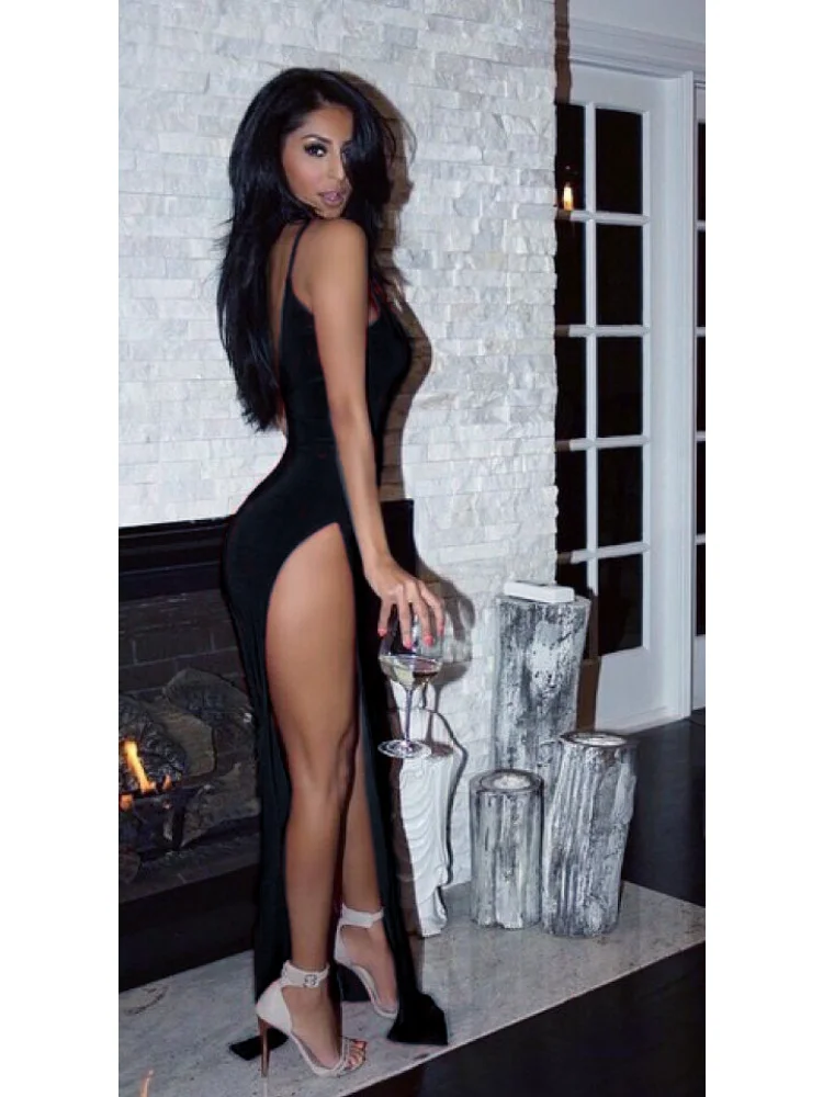 Women's Dress Deep V Low Cut High Elastic Sexy Tight Dress Nightclub Side High Split Skirt Party Fun Banquet Bodycon Long Dress 6