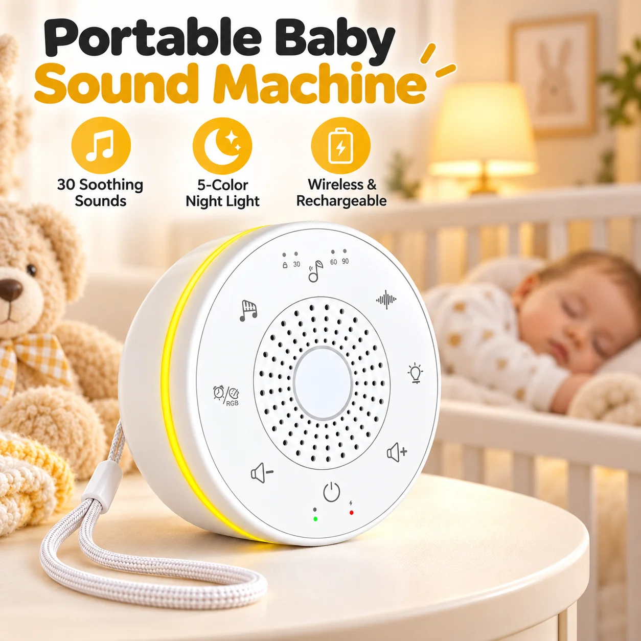 Portable White Noise Sleep Soother with Night Light - 30 Calming Sounds, Rechargeable, Timer & Child Lock Features