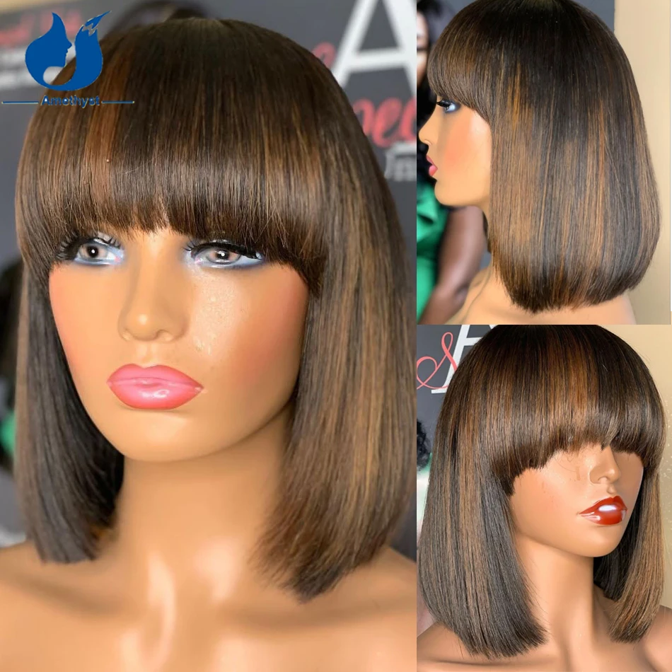 

Amethst Highlight Blonde Short Bob Wig With Bangs For Wome Full Machine Made Wig Scalp Top Blunt Cut Straight Bob Remy Brazilian