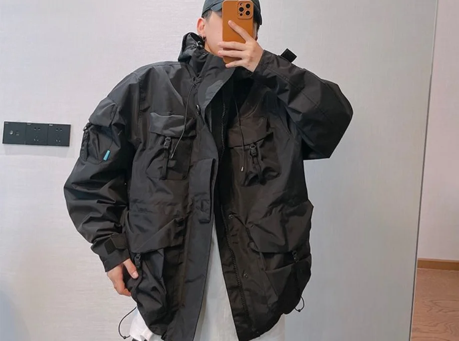 Autumn Winter Retro Multi-pocket Waterproof Jacket American Tooling Windproof Hooded Jackets Male Clothes