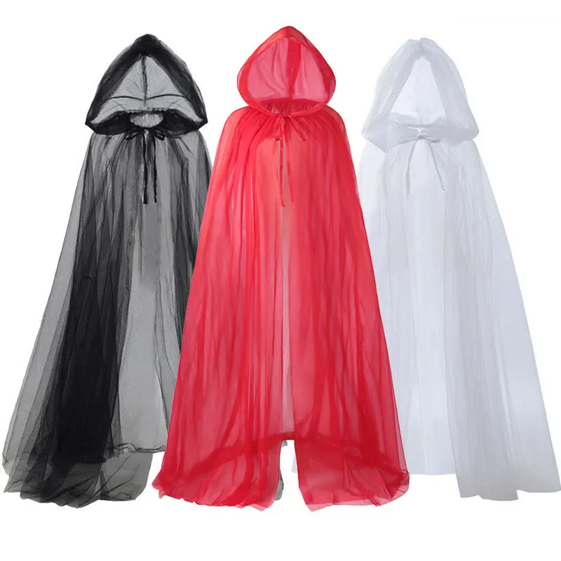 

Halloween Costume for Women Hood Tulle Cape Cloak Black White Red Wedding Bridals Floor Length Soft Mesh Cloaks