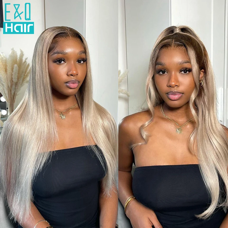 

Brown Roots Ash Blonde Lace Front Human Hair Wigs For Women Ombre Platinum Body Wave Wig Grey White Brazilian Remy Hair Lace Wig