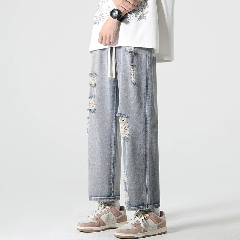 2023 Spring Summer New Men's Jeans Baggy Straight Ankle Length Pants Ripped Trendy Elastic Waist