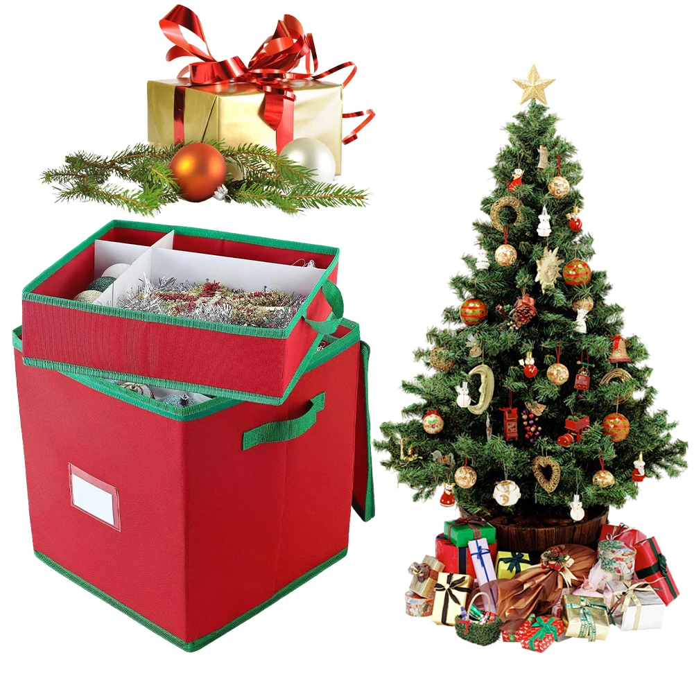 Christmas Ornament Storage Box with Adjustable Dividers Zippered Closure Xmas Decoration Storage Box Stores Up To 64 Ornaments