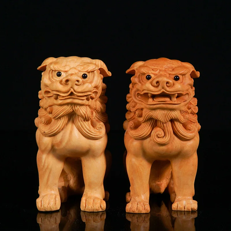 

A Pair of Lions, Chinese Stone Lions Solid Wood Carving Feng Shui Handicraft Collection