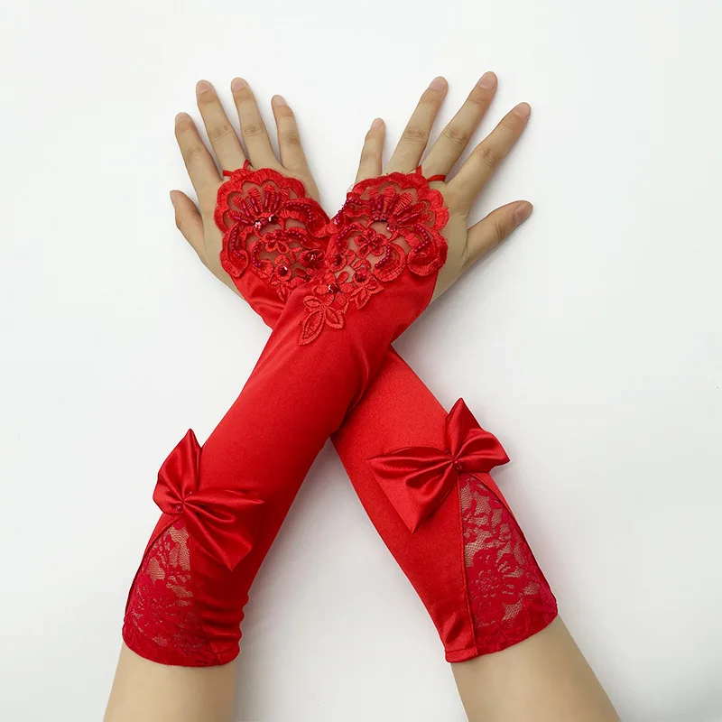 

Women Satin Bow Sexy Lace Soft Embroidery Etiquette Fingerless Gloves Hook Finger Retro Style Evening Dress Accessories