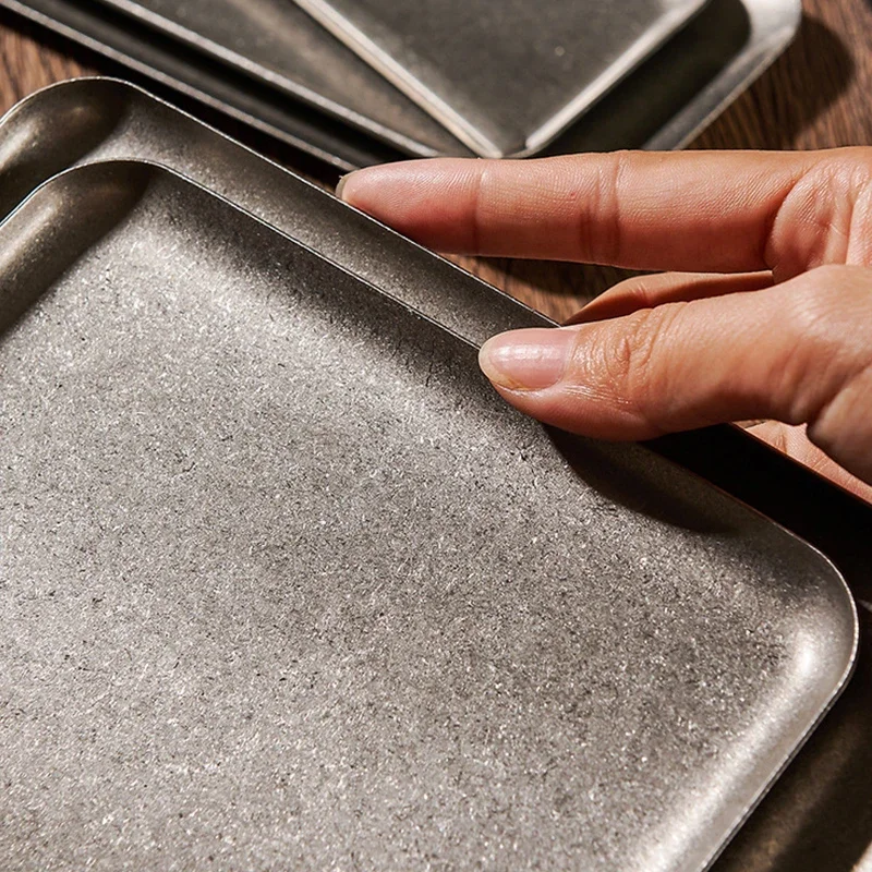 Dining Dish Steak Tray 304 Stainless Steel Antique Square Tray Creative Restaurant Display Dinner Plates Retro Style Dessert Barbecue Plate