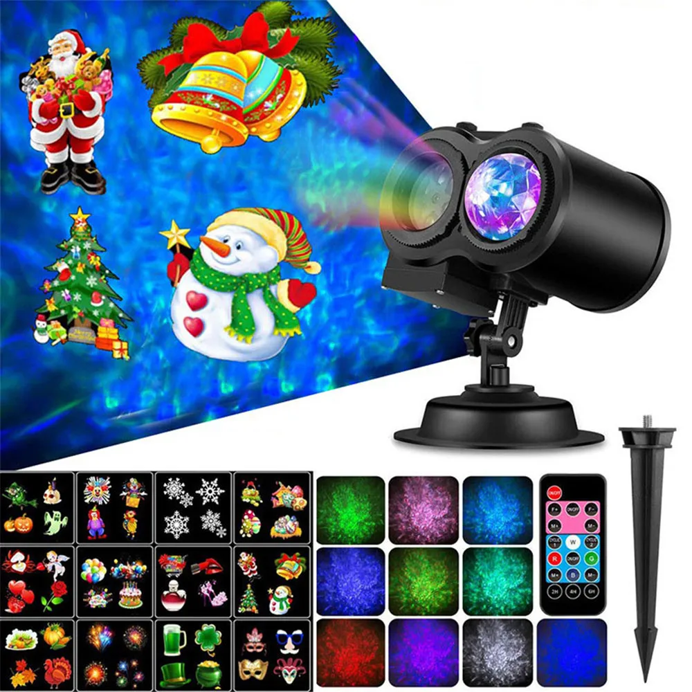 Christmas LED Disco Lights 12/16 Pattern 10 Colorful Water Ripple Halloween Snowflake Film Projector Lamp 2IN1