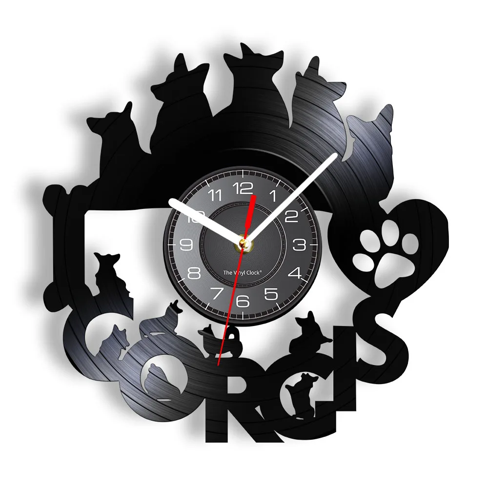 

I Love Corgis Vintage Vinyl Record Wall Clock Retro Black LP Dog Owners Home Decor Pembroke Welsh Corgi Silent Non Ticking Clock