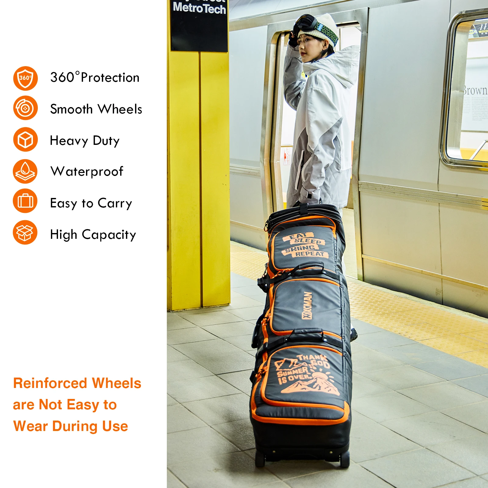 XCMAN Roller Snowboard Bag With Wheels 63-75Inch Adjustable Length Padded Bag for Air Travel Snowboard Boots