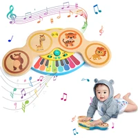 Wooden 2in1 Keyboard Piano Clapping Drum with Music & Light Cartoon Animals Music Toys Educational Toys for 12 months Baby Gifts 1