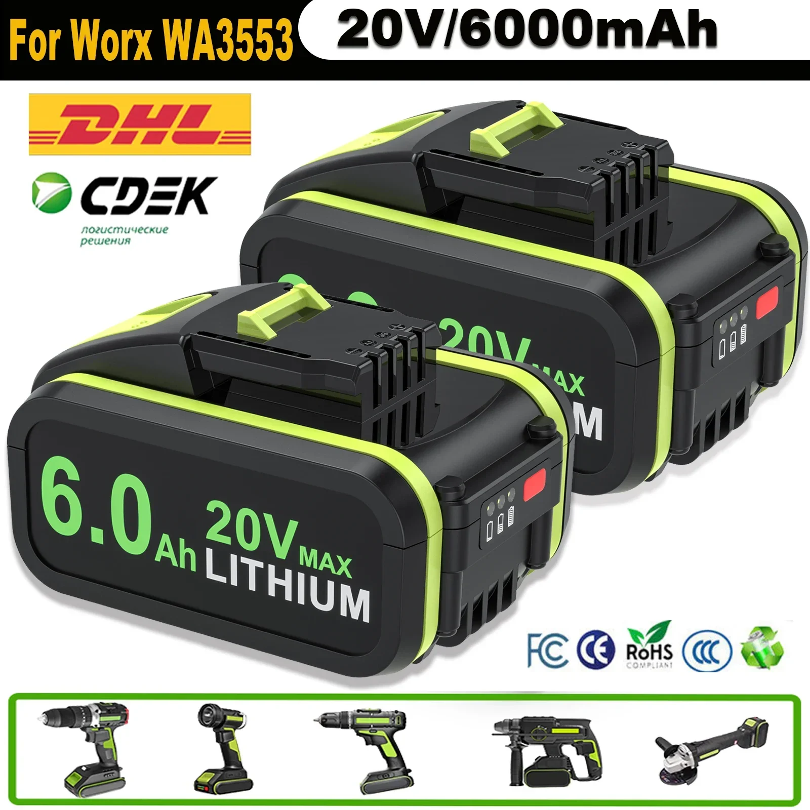 

20V/6.0ah Battery For Worx WA3553 Battery Cordless Power Tool Spare Batteriies WA3572 WA3553 WX390 WA3551 WX176 WX178 Battery