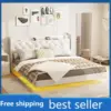 2025 White King Size Floating Bed Frame with LED Lights, Upholstered PU Leather Platform Bed Button Tufted Headboard Storage 1