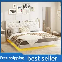 2025 White King Size Floating Bed Frame with LED Lights, Upholstered PU Leather Platform Bed Button Tufted Headboard Storage 1