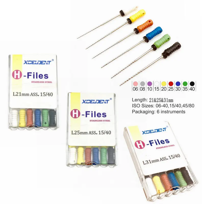 6 개/갑 H 파일 스테인레스 스틸 치과 Endodontic 악기 치과 루트 운하 파일 치료 도구 21mm/25mm/31mm