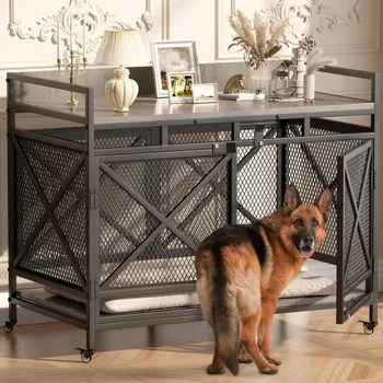 48 Inch Extra Large Dog Crate, Wooden Crates for Large Dogs, Heavy Duty Dog Crate with 360° Caster Wheels, Dog Kennel Indoor 1