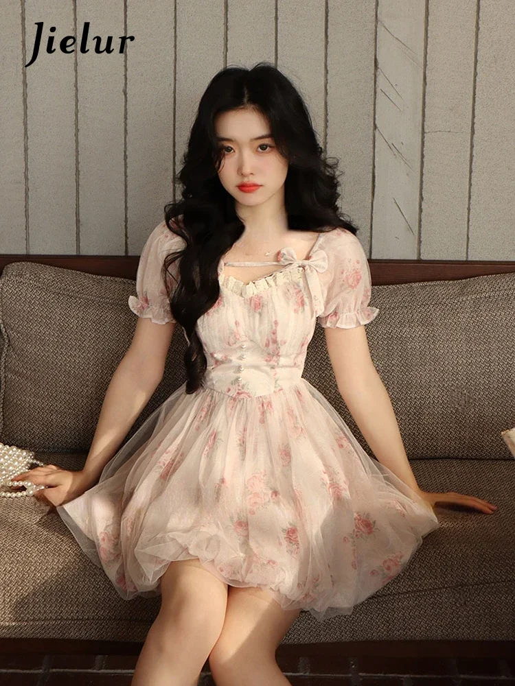 Jielur Lolita Pink Y2k Mini Dress Woman Beach Short Sleeve