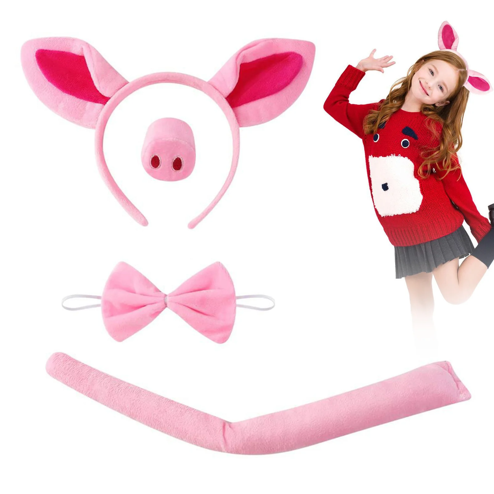 

4pcs Pink Pig Fancy Dress Costume Kit Pig Nose Tail Ears Headband and Bowtie for Costume Parties Dress up Play