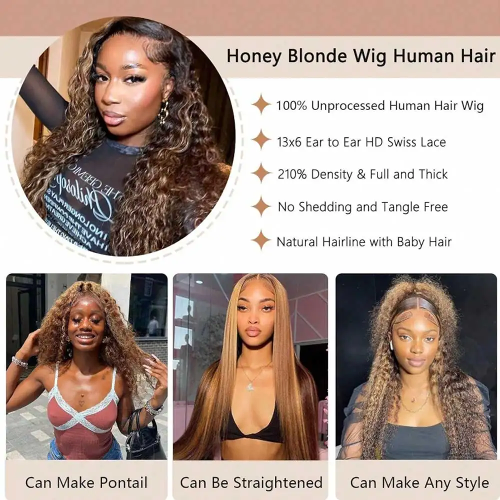 Highlight Wig Human Hair Curly 13x4 HD Lace Frontal Human Hair Wig 13x4 Honey Blonde Human Hair Wigs Vietnamese Glueless Wigs