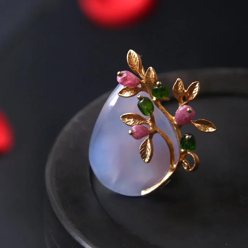 Blue Chalcedony Tourmaline Flower Branch Blue Brooch Silk Scarf Buckle Chic Fresh Retro Corsage Accessories