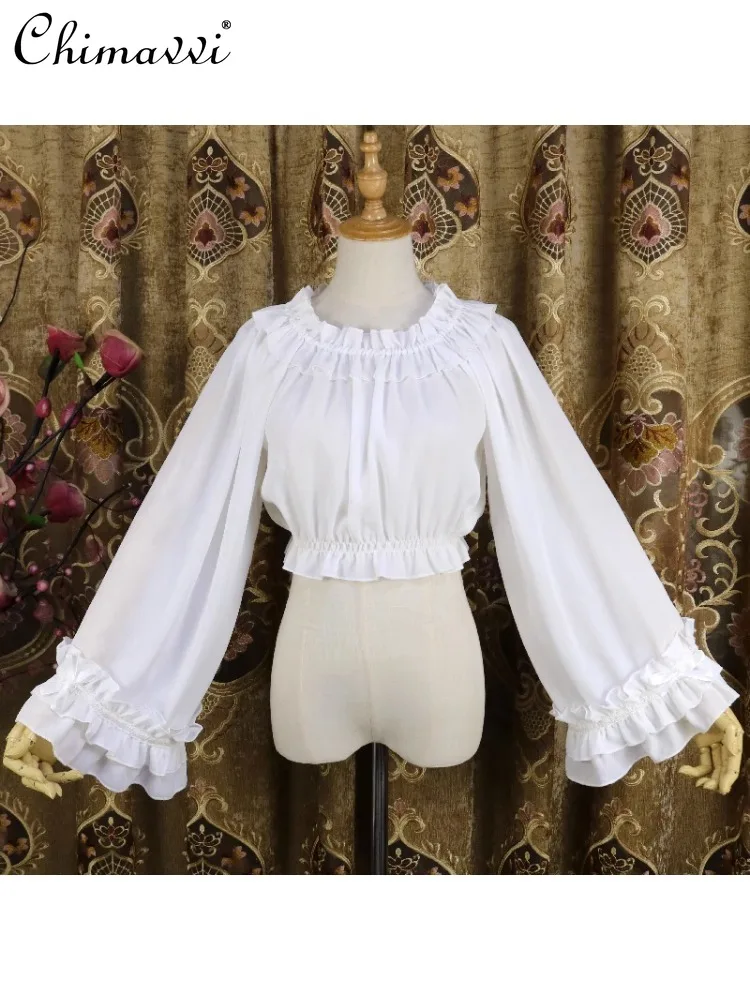 Lolita Solid Color round Neck Ruffled Flare Sleeve Blouse 2023 Spring Autumn Japanese Style Sweet Cute Loose Pullover Shirts
