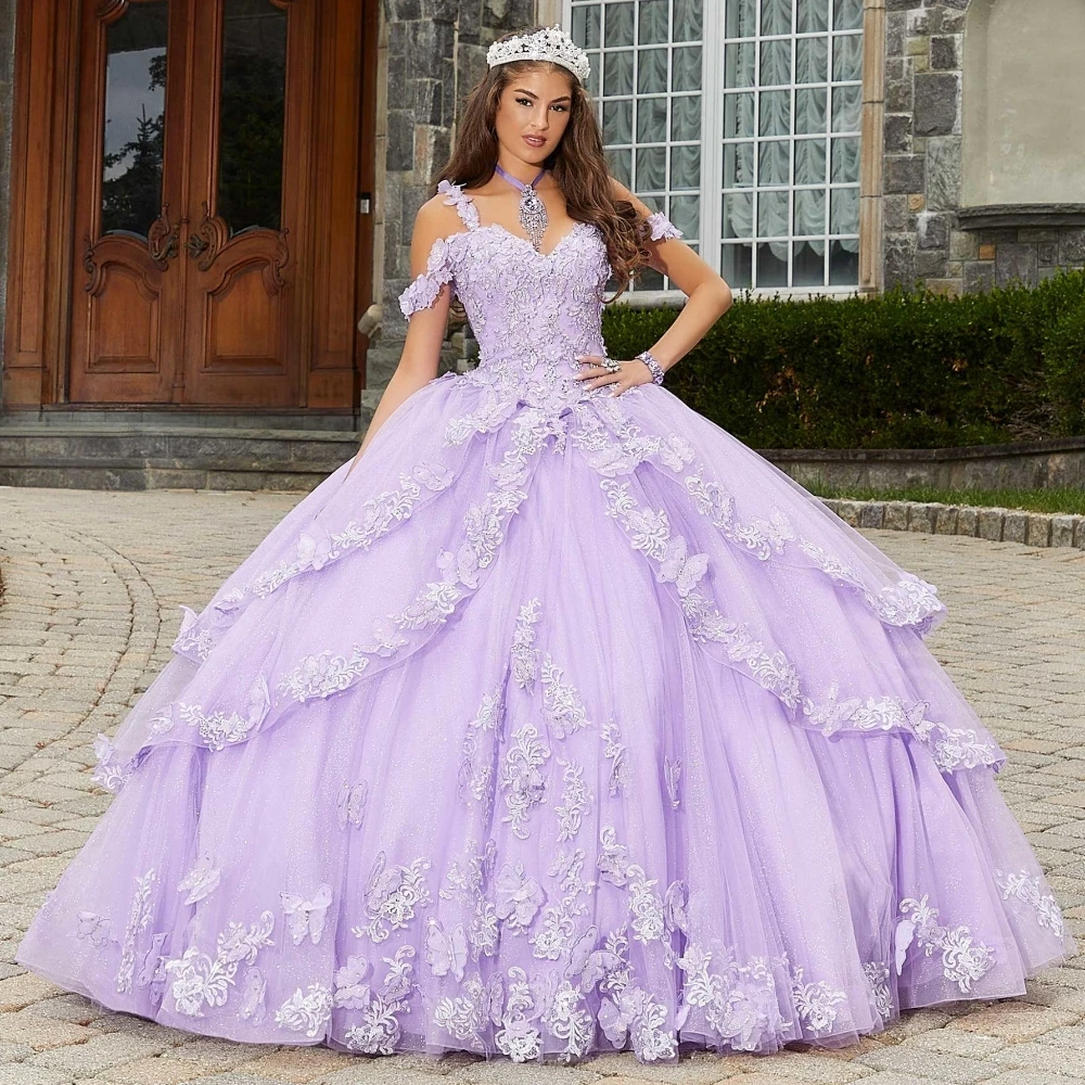 EVLAST Fairytale Blue Quinceanera Dress Ball Gown Crystal Beaded Appliques Butterflies Layered Sweet 16 Vestidos XV Años TQD122