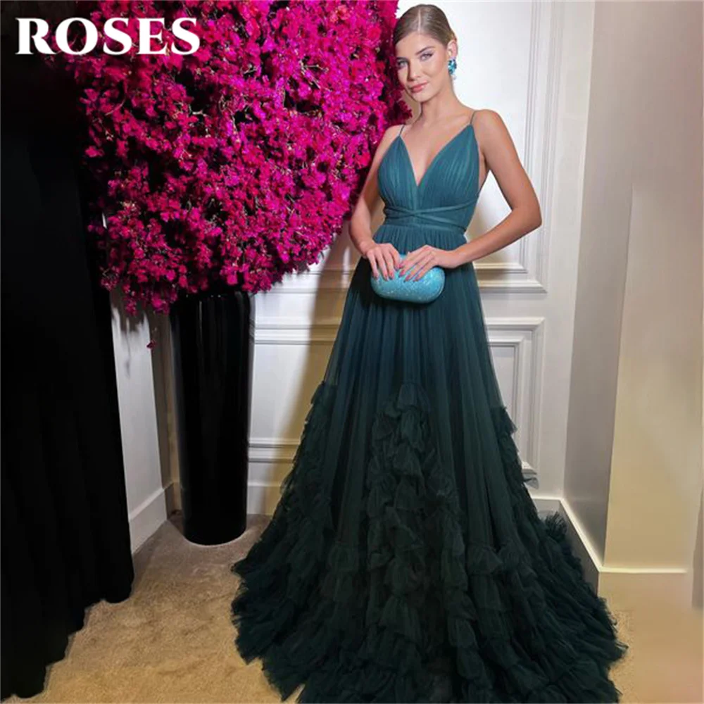 Vestidos largos de chiffon con tirantes finos y escote en V Verde Oscuro Tallas Grandes
