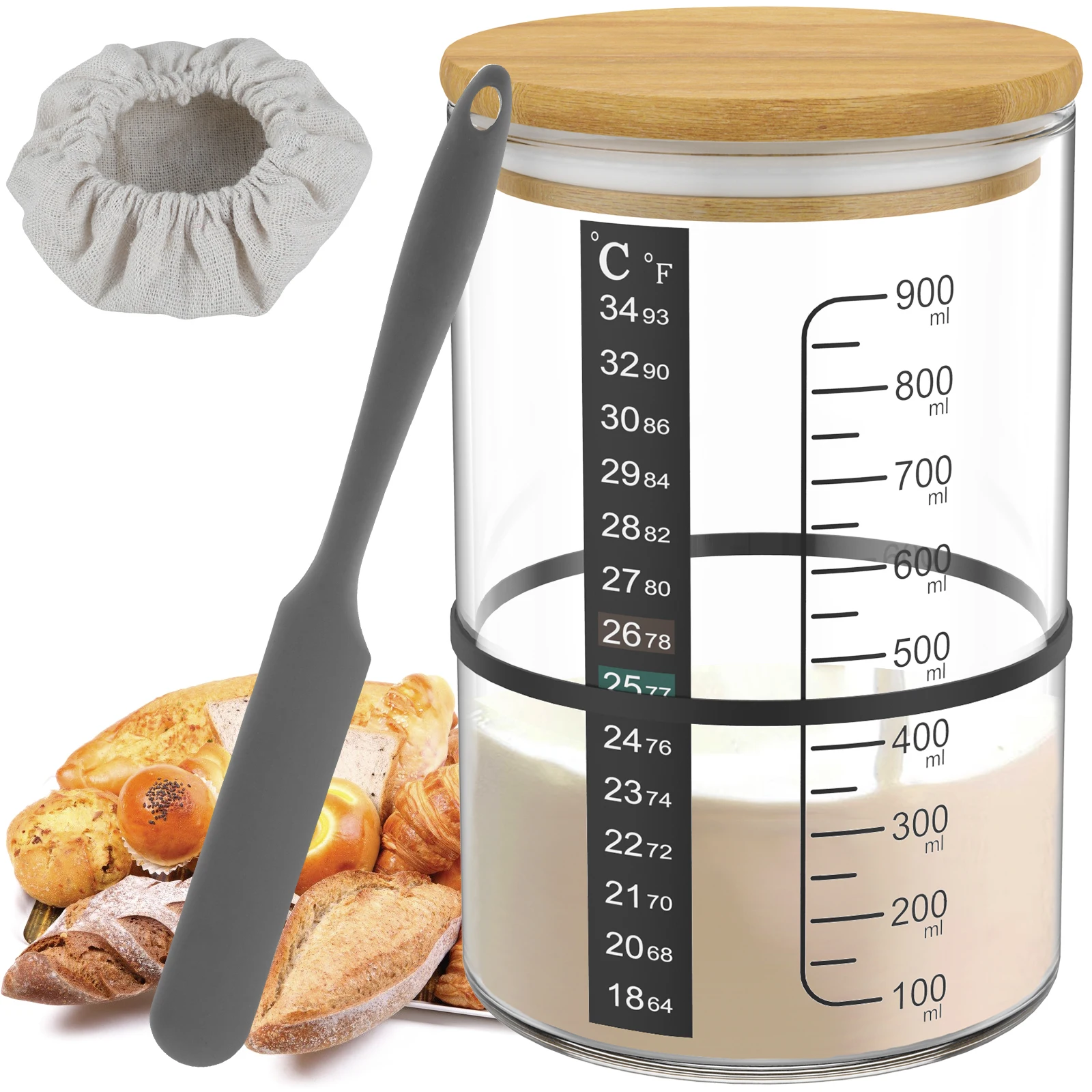 Sourdough Starter Jar 900ml Clear Glass Heat Resistant Sourdough Starter Container Baking Fermentation Food Storage