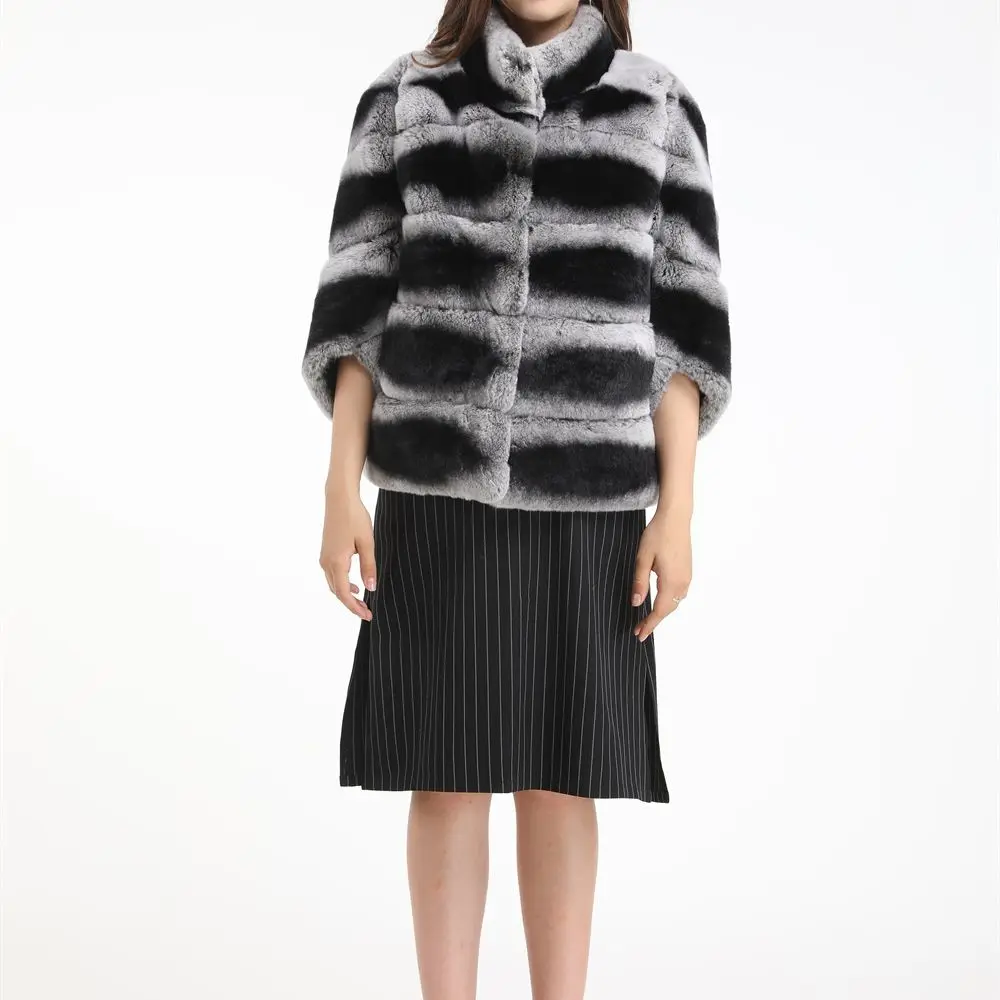 half sleeve striped rex rabbit fur lapel chinchilla coat 1907013