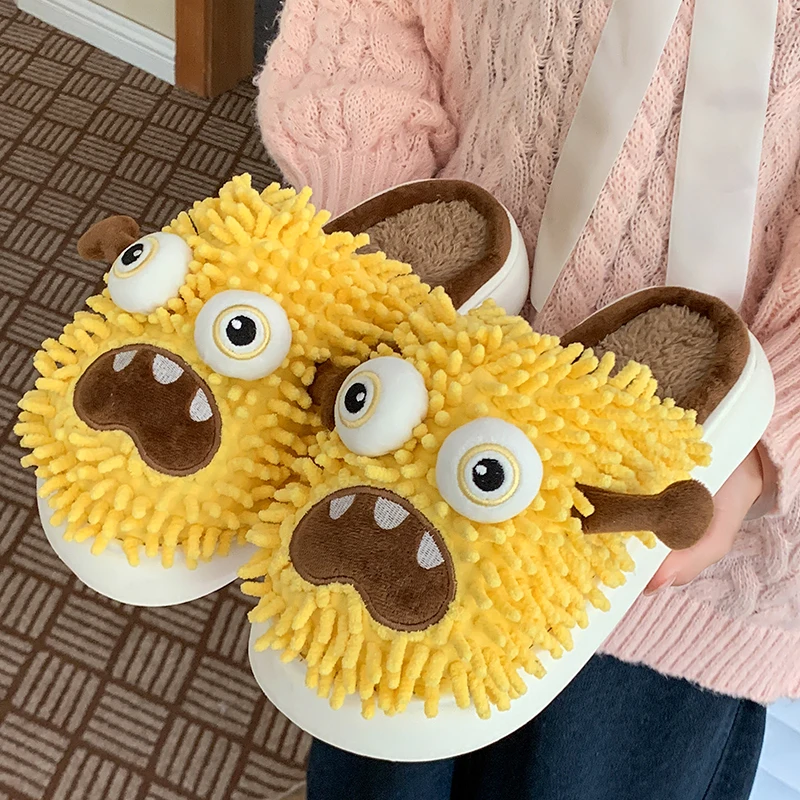 Funny Monster Plush Slippers for Women Cute Cartoon Thick Bottom Cotton Slippers Woman Light Indoor Non Slip Warm Slides Mujer